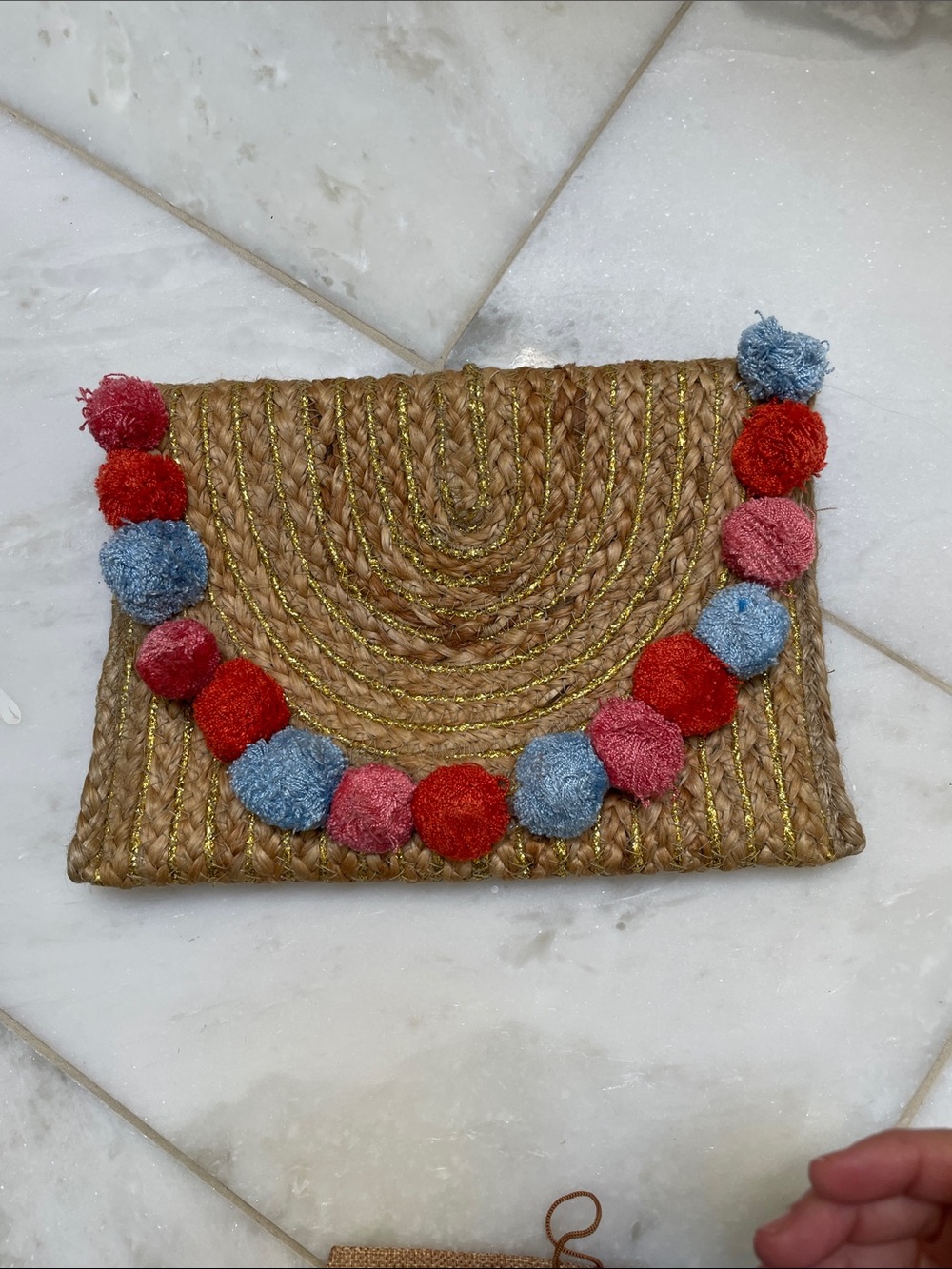 Forever 21 Woven Straw Clutch with Red, Pink & Blue Pom-Poms